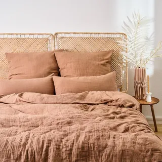 Blumtal Musselin Bettwäsche 200x220 cm + 2X 80x80 cm - Oeko-TEX zert. Bettwäsche Musselin aus 100% Baumwolle - extra weiches Bettwäsche-Set waschbar bei 40 °C - Sommerbettwäsche Kupfer