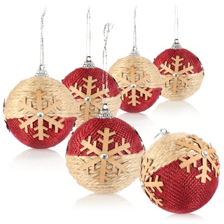 com-four® 6X Weihnachtskugeln mit Weihnachtsmotiven, Christbaumkugeln mit Stoffbezug für Weihnachten, Baumschmuck für den Christbaum (beige/rot - 6 Stück)