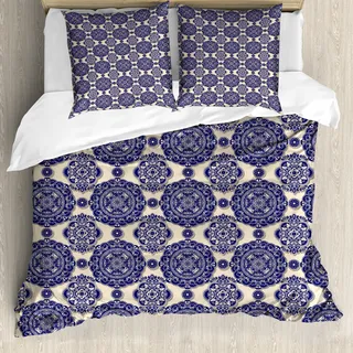 ABAKUHAUS Mandala Bettbezug, Medieval Exotic Revival, Milbensicher Allergiker geeignet mit Kissenbezügen, 155 cm x 220 cm - 80 x 80 cm, Beige Marineblau - Beige