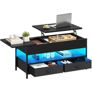 YITAHOME Couchtisch Höhenverstellbar, Wohnzimmertisch mit Verstecktem Ablagefach für für Wohnzimmer, Büro, couchtisch mit stauraum und 2 Schublade und LED-Lichtleiste 106 x50x51,5cm