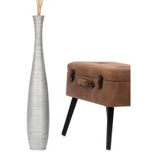 Leewadee Große Deko Bodenvase Für Dekozweige, Hohe Standvase Für Pampasgras, Design Holzvase, 65 cm, Silber