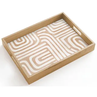 OnlyWow© Holztablett Küchentablett Servier Tablett Eiche Serviertablett | 40x30 cm - Rechteckig - Holz Servierplatte Mit Henkel Tray Kaffeetablett Erdtöne - Labyrinth-Muster