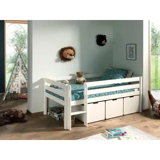 Vipack Spielbett »Vipack Pino«, (Made in Europe), Niedriges Spielbett mit Liegefläche 90 x 200 cm, inkl. Leiter, und 3 Schubkästen, Kiefer und MDF weiß