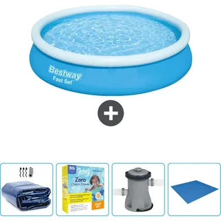 Bestway runder aufblasbarer Fast-Set-Pool – 366 x 76 cm – Blau – im Lieferumfang enthalten Sonnensegel - Wartungspaket - Pumpe - Bodenplane - Blau