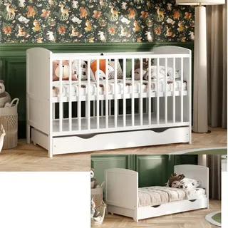 Babybett Leo 60×120 cm mit Schublade, Sofafunktion, verstellbarem Lattenrost und herausnehmbaren Sprossen (ohne Matratze) - Weiß