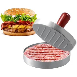 Dewocke Burgerpresse und Hamburgerpresse aus Aluminium, Patty Presse mit Holzgriff, Antihaft Burger Maker mit Hochwertigem Design, Ideal für BBQ und Grill, mit 50 Backpapieren - Silber