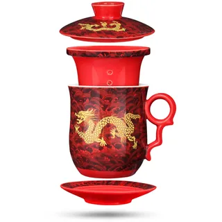 YURROAD 4 in 1 Chinesische Teetasse mit Sieb Deckel Infusor und Untertasse 400ml Tee Becher Porzellan Teetasse Chinesische Drache Muster Teetasse mit Deckel Chinesische Teetassen für Geschenk - Rot