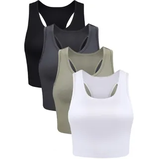 4 Stück Basic Crop Tank Tops Ärmelloses Racerback Crop Sport Baumwoll Top für Damen (Schwarz, Weiß, Grau, Olivgrün, Small)