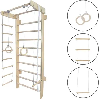 Sprossenwand Numi aus Holz + Turnringe + Strickleiter | Klettergerüst Kinderzimmer Spielplatz indoor - Naturbelassen