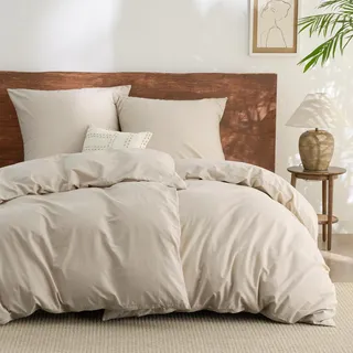 BEDSURE Bettwäsche 135x200 Baumwolle 4teilig - Bettwäsche-Sets Beige Bettbezug 2er Set mit 2 Kissenbezüge 80x80 cm, Ähnliche Textur wie Washed Leinen, Oeko-TEX Bedding mit Reißverschluss