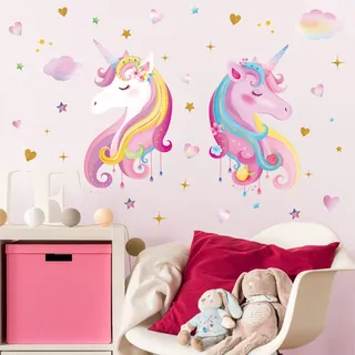 wondever Wandtattoo Einhorn Rosa Wandaufkleber Regenbogen Herze Sterne Wandsticker Wanddeko für Kinderzimmer Mädchen Babyzimmer