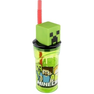 p:os 33198 - Trink-Becher für Kinder mit Strohhalm und Deckel, durchsichtig, inkl. 3D-Figur im Minecraft Design, ca. 360 ml, Plastik-Becher to-go, bpa- und phthalatfrei