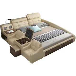 aea Lederbett Betten Polster Doppel Multifunktion 180x200 Leder Bettgestell Design - Beige