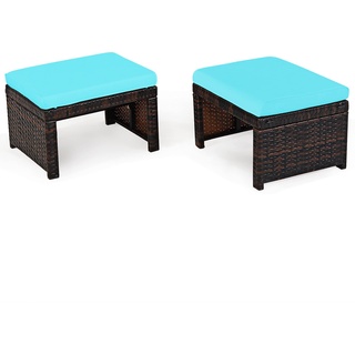 COSTWAY 2er Set Outdoor Rattan Hocker, Rattan Ottomanen, Fußhocker mit weichem Kissen, Rattentisch mit hochdichter Schaumstoff, Gartenhocker Gartentisch für Terrasse Garten Pool (Türkis)