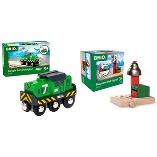 BRIO Bahn 33214 - Batterie-Frachtlok & World 33754 Magnetisches Glockensignal – Eisenbahnzubehör Holzeisenbahn – Kleinkinderspielzeug empfohlen für Kinder ab 3 Jahren