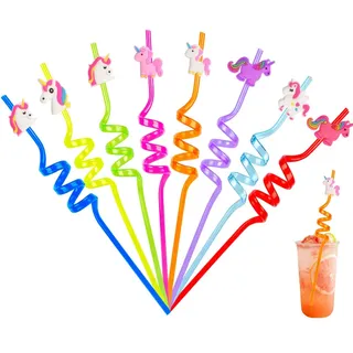 12 Stück Einhorn Trinken von Plastikstrohhalmen+4 Temporäre Tätowierungen+1 Reinigungsbürste,Wiederverwendbare Trinkhalme für Geburtstagsparty Zubehör