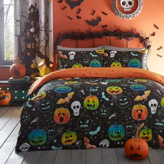 Bedlam - Halloween Kürbis & Totenköpfe Bettwäsche - Einzelbett (140 x 200cm) - Wende-Design (2 Motive) - Leuchtet im Dunkeln - Skelette & Fledermäuse Bettwäsche in Schwarz - Halloween Dekoration