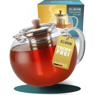 CLIDOR Teekanne mit Siebeinsatz - 1,5 Liter, verstärkte Glasstärke für bessere Isolierung, Teekanne mit Stövchen nutzbar, Glasteekanne, Thermo Teezubereiter, robuster Teapot, Teebereiter (1500ml)
