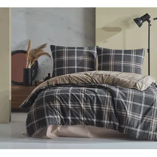 Bettwäsche 135x200 cm. schwarz 4 teilig set 100% Baumwolle/Renforcé. braun kariert wende Bettbezug, Arbon - Braun