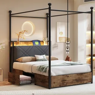 Flieks Jugendbett Metallbett 90x190cm mit 2 Schubladen, Kinderbett Einzelbett mit Led und Ladefunktion, Himmelbett Stauraumbett, Schwarz - Schwarz