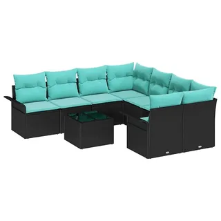vidaXL Gartensofa-set 9 Stk. Schwarz und Türkis Poly-Rattan - Schwarz