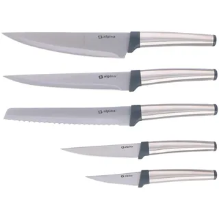 alpina Kochmesserset 5-Teilig - Profi Messerset - Multifunktionales Chefmesser - Bestückt für Küchen - Allzweckmesser aus Edelstahl - Brotmesser - 20,5 bis 33,5 cm - Silber