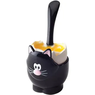 Joie Küchenhelfer Katzen Eierbecher und Löffel, gemischt, schwarz und weiß, 5x5x11 cm