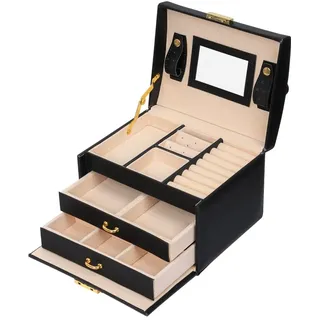 Mondeer Schmuckkasten, Schmuckkästchen mit 3 Ebenen, PU Leder, Abschließbarer Schmuckkästen mit Spiegel, Schmuckkasten mit Schubladen, Geschenk für Mädchen und Damen(Schwarz)