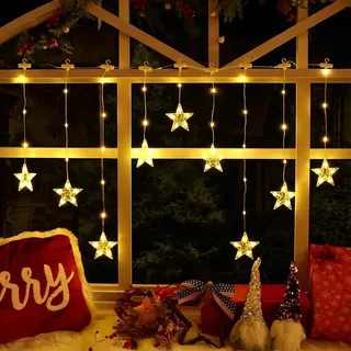 Ulinek 9 Sterne Lichtervorhang Fenster mit Batterie Timer, 76 LED Fensterdeko Weihnachtsdeko Innen Warmweiß, IP65 Lichterkette Außen mit Haken, Weihnachtsbeleuchtung 8 Modi Sternenvorhang Garten Tür