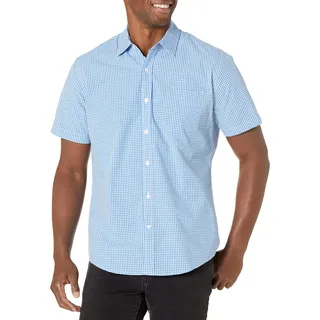 Amazon Essentials Herren Kurzärmeliges Hemd aus Popeline, Normale Passform, Blau Vichy-Muster, S