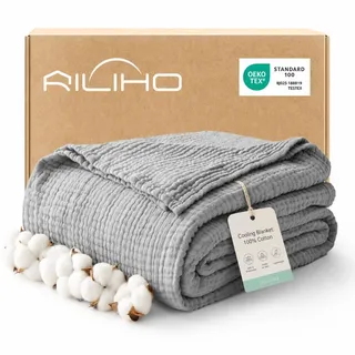 RILIHO musselin Decke groß Adult 228 x 228, 100% Baumwolle, Sommer Decke, atmungsaktive Gaze-Decke alle Jahreszeiten, weich und leicht, Wohndecke Couch Decken, bettdecke, Mittelgrau