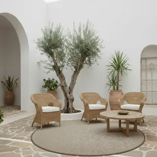 Tadi & Imperio1979 Runder Teppich für den Innen- und Außenbereich, Teppich ohne Flor, Ockerfarben, 150 cm Durchmesser, Synthetikfaser, für Wohnzimmer und Terrasse