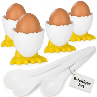 MIJOMA 8-Teiliges Eierbecher-Set, Charmantes Küken-Design, Lebensmittelechter Kunststoff, Weiß mit Gelben Füßen, Inklusive Löffel. Perfekter Zusatz für stilvolles Frühstück und Brunch.
