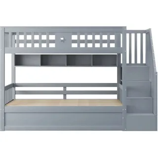 okwish Hochbett 90x200cm mit Stauraumtreppe Regalen Jugendzimmer Grau ohne Matratze