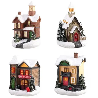 SOLUSTRE LED Weihnachtshaus Beleuchtet Weihnachtsdorf Weihnachtsstadt: 4 Stücke Harz Häuser Winterdorf mit Beleuchtung Schnee Miniatur Haus Weihnachten Dekoration Moos Winter Xmas Deko Kinder