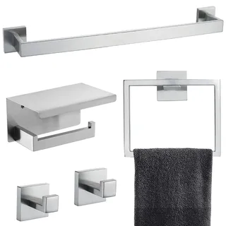 Handtuchstange aus gebürstetem Nickel für Badezimmer, Badzubehör, Hardware-Set, inkl. Handtuchhalter, Handtuchring, Kleiderhaken und Toilettenpapierhalter mit Ablage, Wandmontage aus Edelstahl
