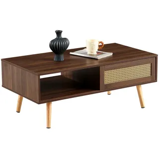 Modfu Couchtisch aus MDF in Braun mit Rattan-Schiebetür , Holzwerkstoff , 55x41.5x105 cm , Wohnzimmer, Wohnzimmertische, Couchtische