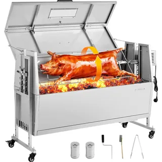 Spanferkelgrill - Holzkohle-Drehspießgrill - Spießlänge 117 cm - Tragkraft 60 kg - Motor 38 W - Höhenverstellung 4-fach - Mit Deckel & Rädern - Edelstahl