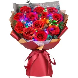 ADDWel Ewiger Rosenstrauß mit 24 Echten Konservierten Roten Rosen Infinity Blumenstrauß mit LED Geschenk für Sie Frauen Freundin Mama Frau zum Geburtstag Muttertag Jahrestag Weihnachten