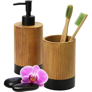 KADAX 2-Teiliges Badezimmer-Set, Seifenspender und Zahnputzbecher in Holzoptik, Badezimmerzubehör für WC, Hygienisches Bad-Set für Zuhause und Badezimmer (Holz-Schwarz)