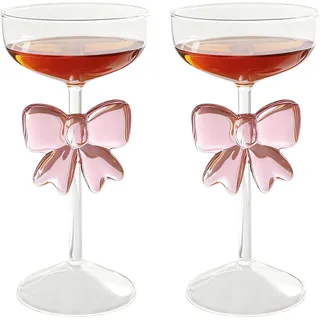 2 Stück Klassische Martini Gläser 300 ml Klare Margarita Gläser Cocktailgläser Champagnergläser Martinigläser aus Kristallglas mit Rosa Schleife für Hochzeiten, Verlobungen und Besondere Anlässe