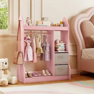 FANTASK Kinderkleiderschrank mit Stoffschubladen, 81 x 38 x 107 cm, Kindergarderobe mit Spiegel & Kleiderstange, Kinder Kleiderständer aus Holz für Kinderzimmer (Rosa)