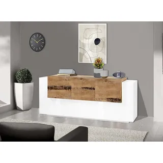 Dmora - Kommode Cesare, Küchen-Sideboard mit 5 Türen und 2 Schubladen, Wohnzimmer-Buffet, Küchen-Sideboard, 100 % Made in Italy, 220 x 45 x 86 cm, glänzendes Weiß und Ahorn