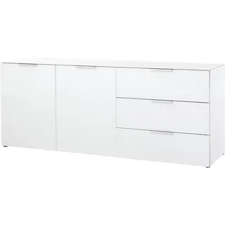 Germania Sideboard 2376-84 GW-Larino mit 2 Türen und 3 Schubkästen, Fronten und Oberboden aus Glas, Weiß, 156 x 61 x 42 cm (BxHxT)