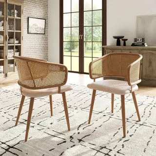2er Set Esszimmerstühle mit Rattan-Rückenlehne, gepolsterter Sitz aus Kunstleder, Metallbeine in Holzoptik, ergonomischer Schalenstuhl, Beige/Natur - Braun