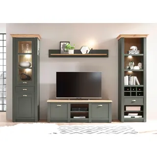 Home affaire Wohnwand "Cambridge, moderne Anbauwand, Metallgriffen, Komplettset, Landhausstil" Set, 4 Stk. tlg., grün, grün, applikation wotan eiche dekor