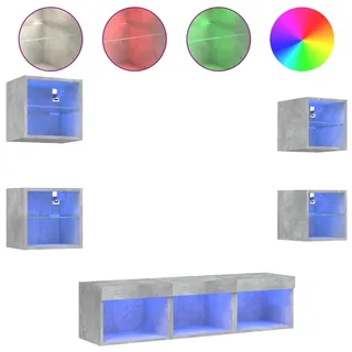 vidaXL 7-tlg. Wohnwand mit LED-Beleuchtung Betongrau Holzwerkstoff