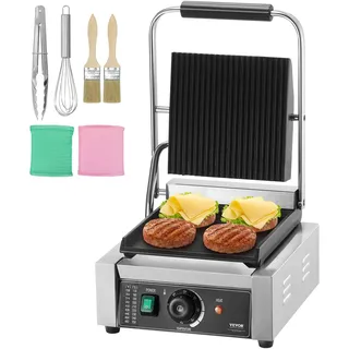 VEVOR kommerzieller Panini-Grill, 1800 W elektrischer Sandwich-Panini-Maker, Sandwich-Pressgrill aus Edelstahl, Panini-Grill mit Temperaturregelung und 23 x 23 cm großer flacher Emaille-Platte