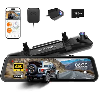WOLFBOX G900 PRO Spiegel Dashcam mit 8MP STARVIS 2 IMX678, 12 Zoll Rückspiegelkamera mit Vorne 4K und Hinten 2.5K, Inklusive 128GB Karte, Sprachsteuerung, 5.8GHz WiFi, Loop-Aufnahme, G-Sensor & GPS