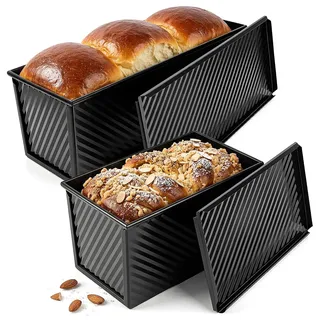 Cozary Brotbackform mit Deckel 2er Set, 33 cm & 12,7 cm Kastenform mit Deckel, Toastbrot Backform aus Carbonstahl mit Antihaftbeschichtung, Wellenrand-Design & Belüftungsboden, Backform– Schwarz